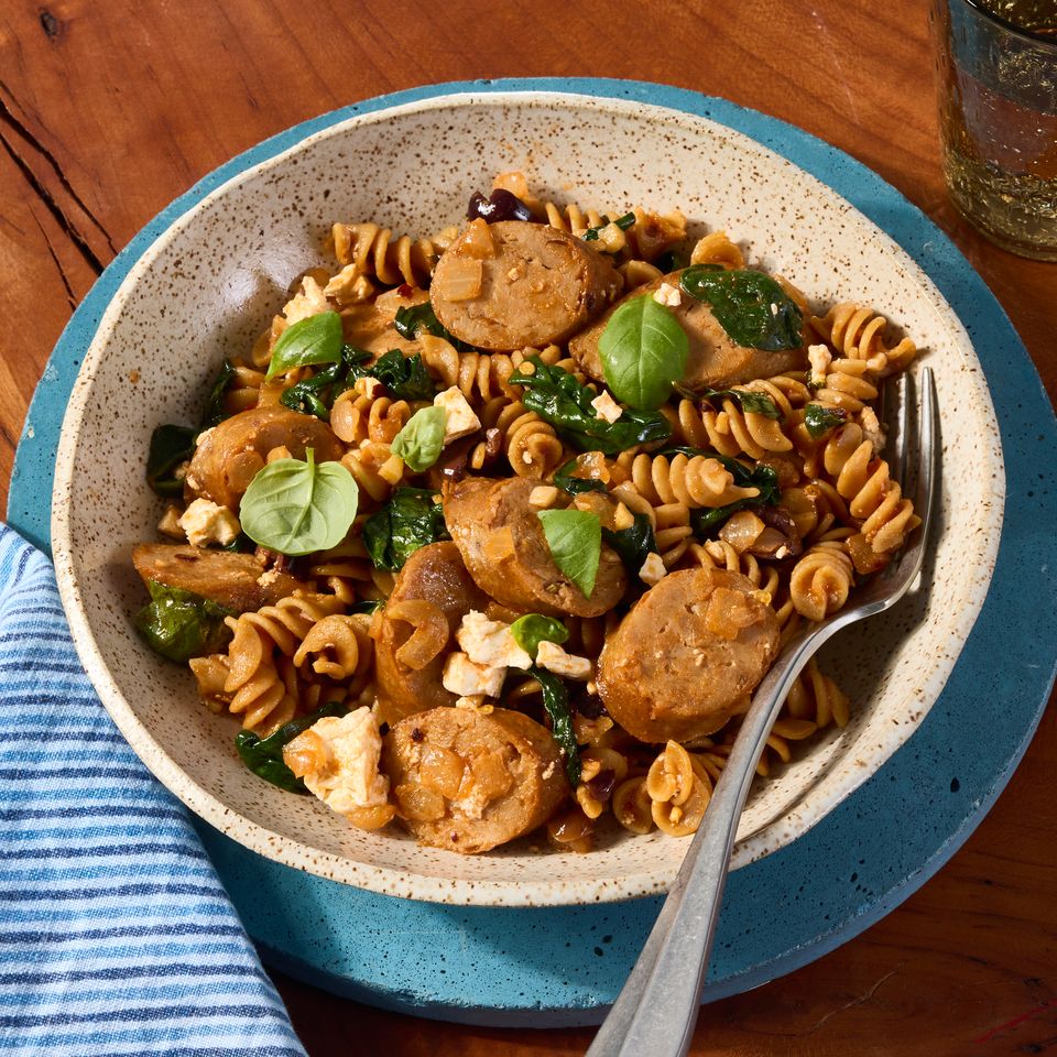an image of the One-Pot Spinach, Chicken Sausage & Feta Pasta Credit: Photographer: Jen Causey, Food Stylist: Emily Nabors Hall, Prop Stylist: Priscilla Montiel