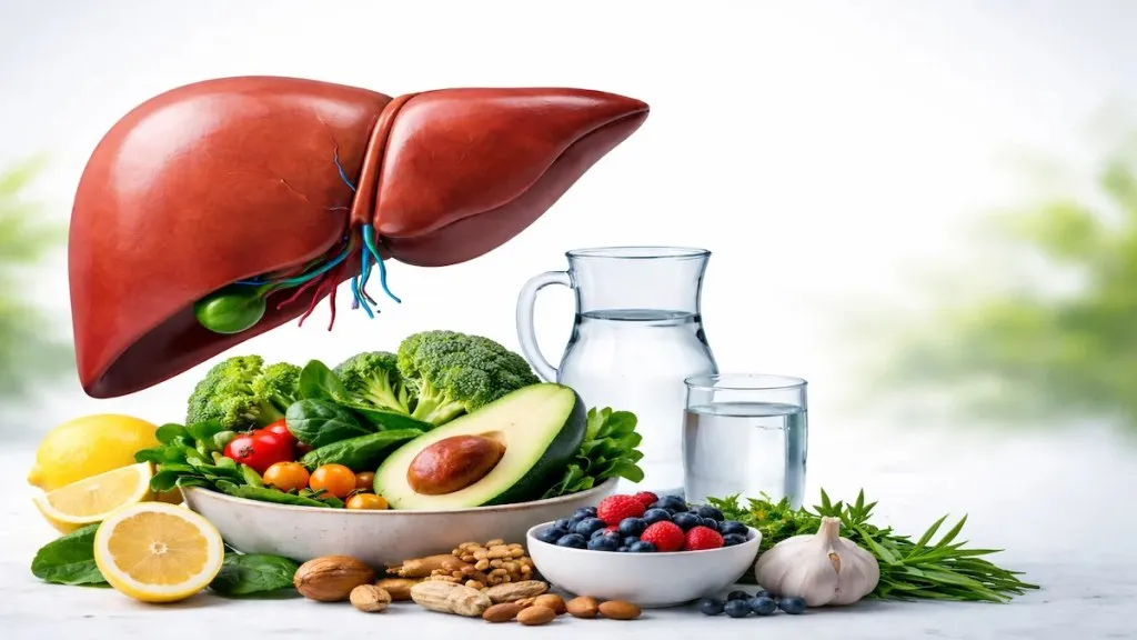Healthy liver with fresh vegetables, fruits, nuts, and water for liver care.