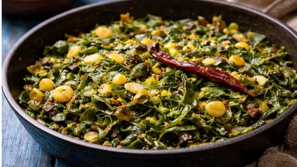 Steamed radish leaves stir-fry lightly sautéed with spices, served in a traditional bowl.