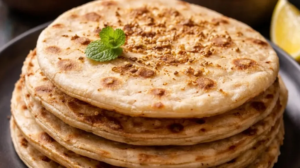 Sattu and mint stuffed roti, pan-cooked until golden brown and lightly brushed with ghee.