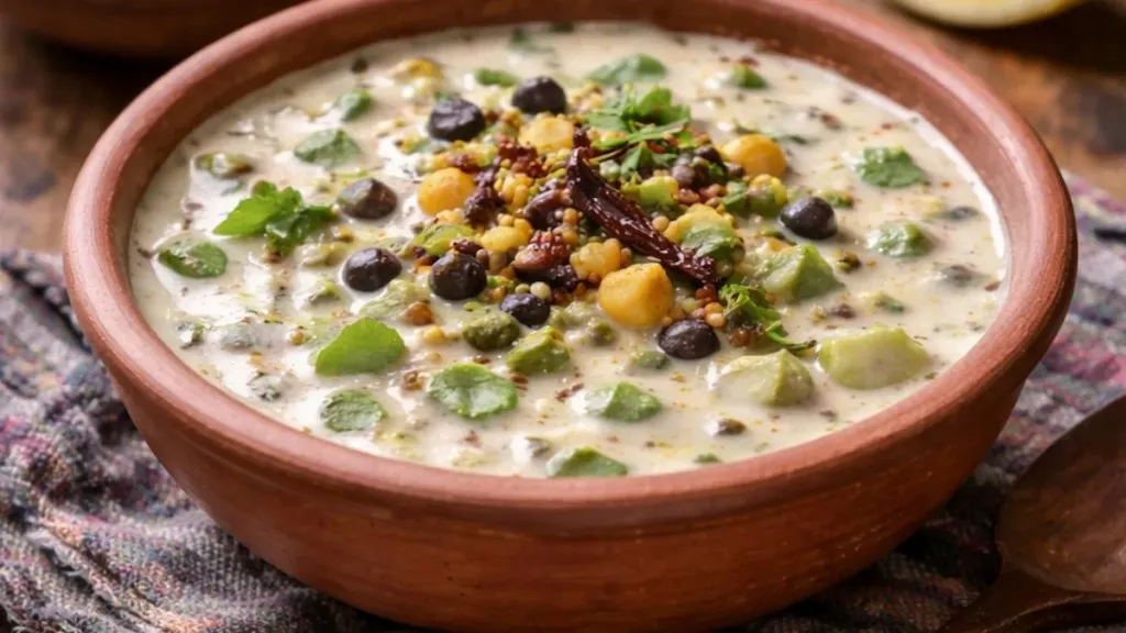 Cucumber and chickpea curry with a light tempering of cumin and spices, served warm in a bowl.