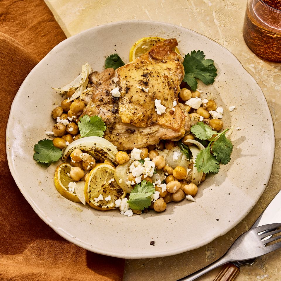 an image of the Za’atar-Roasted Chicken with Lemon, Garlic & Chickpeas Credit: Photographer: Morgan Hunt Glaze, Prop Stylist: Abby Armstrong, Food Stylist: Margaret Monroe Dickey