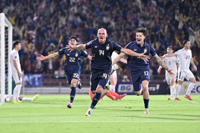 Thai-German defender Manuel Bihr (C) celebrates after scoring the winning goal for Thailand against Turkmenistan in the 2027 Asian Cup qualifying match on March 31, 2026. Photo by Facebook/Madam Pang
