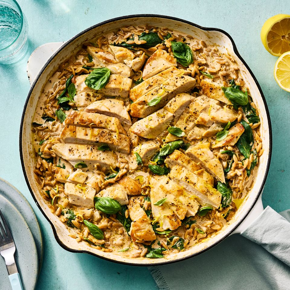 an image of the Lemon Chicken Orzo Credit: Photographer: Morgan Hunt Glaze, Food Stylist: Julian Hensarling, Prop Stylist: Abby Armstrong