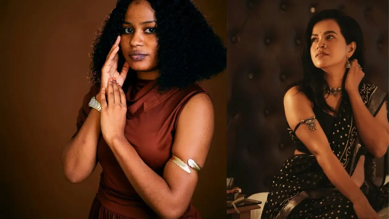 A split image featuring two women in warm-toed lighting wearing statement arm jewellery.