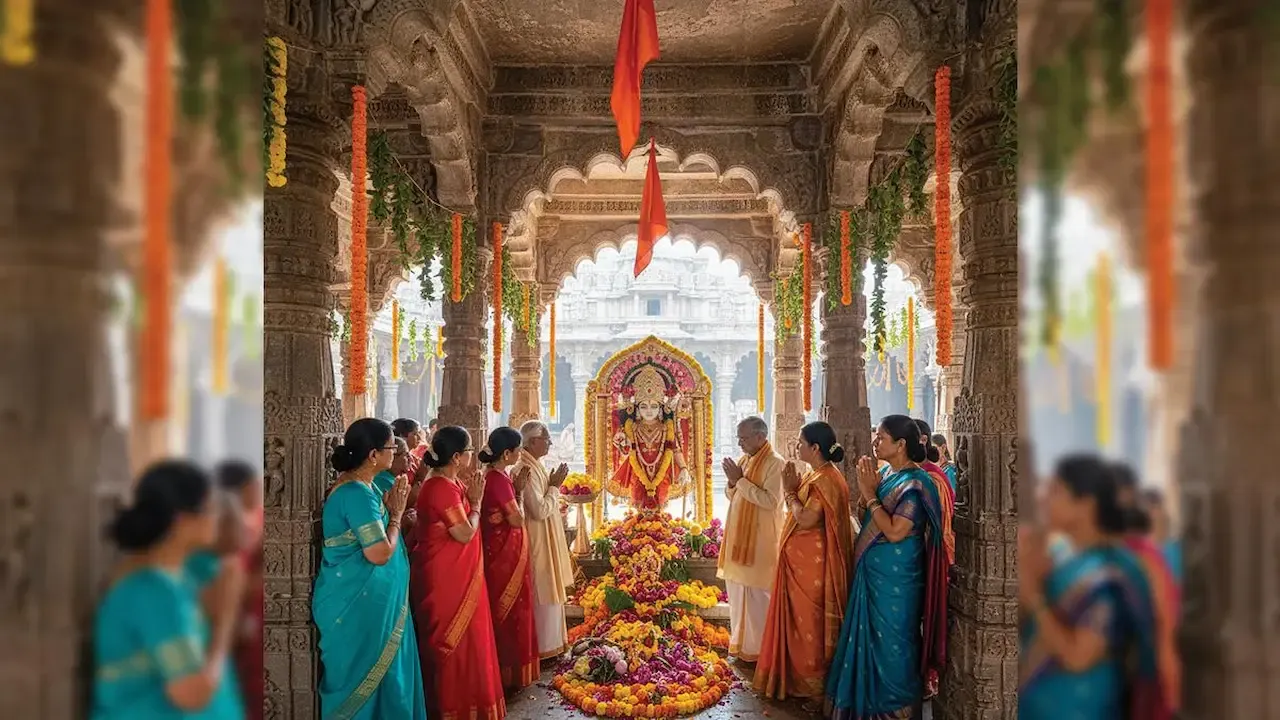 Devotees gathered inside a beautifully decorated temple, offering prayers to a deity adorned with flowers during Chaitra celebrations.