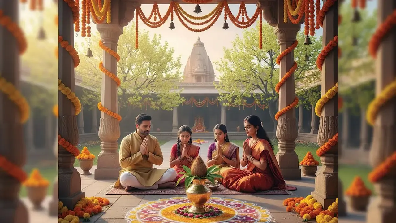 A family performing a traditional puja together in a decorated temple courtyard with flowers and rangoli during Chaitra.