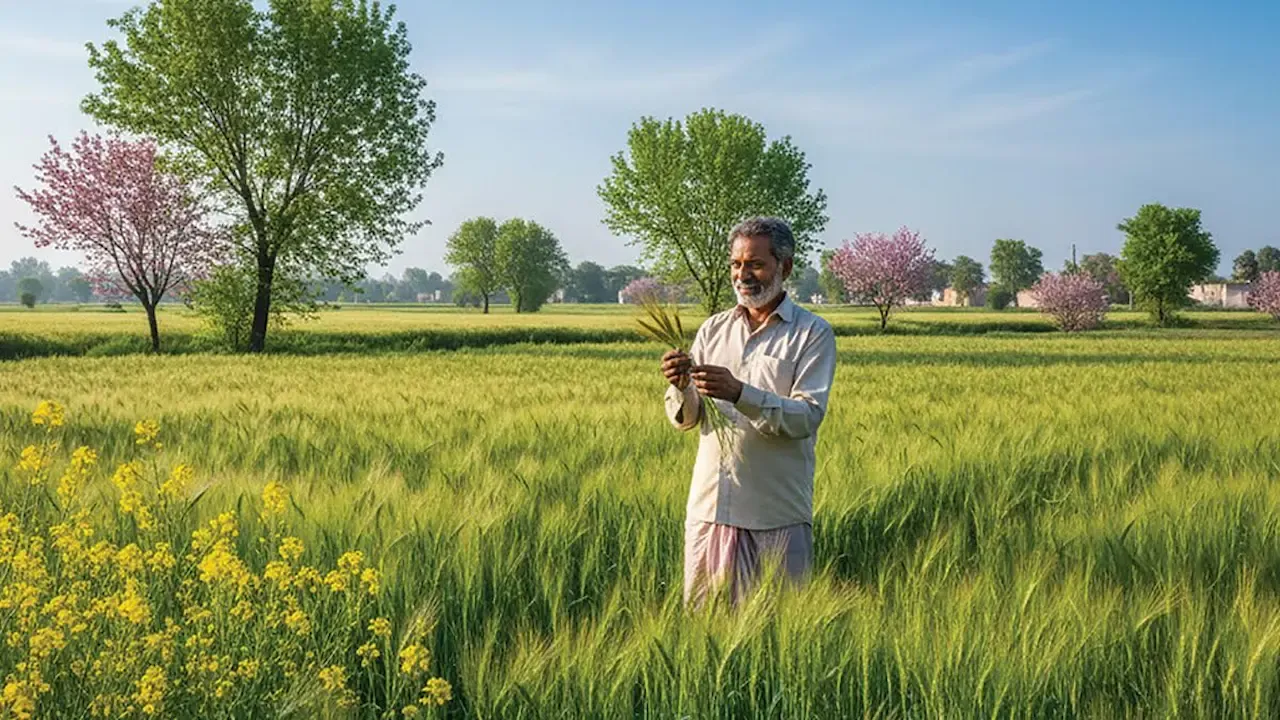 A farmer standing in a lush green field examining crops, symbolizing harvest and seasonal change during Chaitra month.