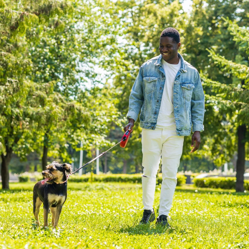 owner taking his dog for a walk tell her loves her