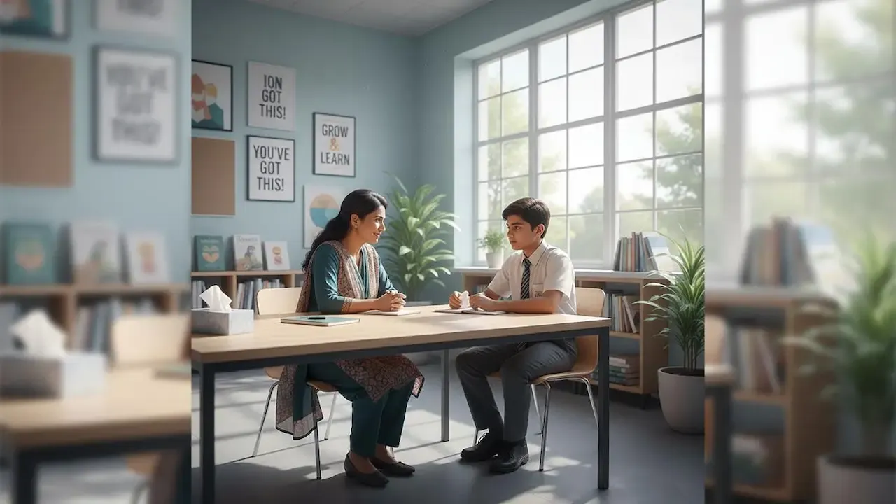 A teacher or counselor talking to a schoolboy in a calm classroom setting, offering guidance and support.