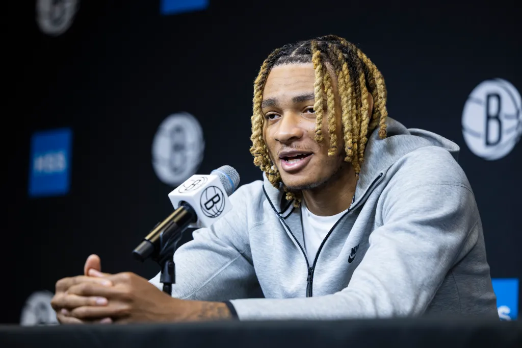 Noah Clowney speaks with the media during post season interviews at HSS Training Center, Monday, April 13, 2026, in Brooklyn, NY.
