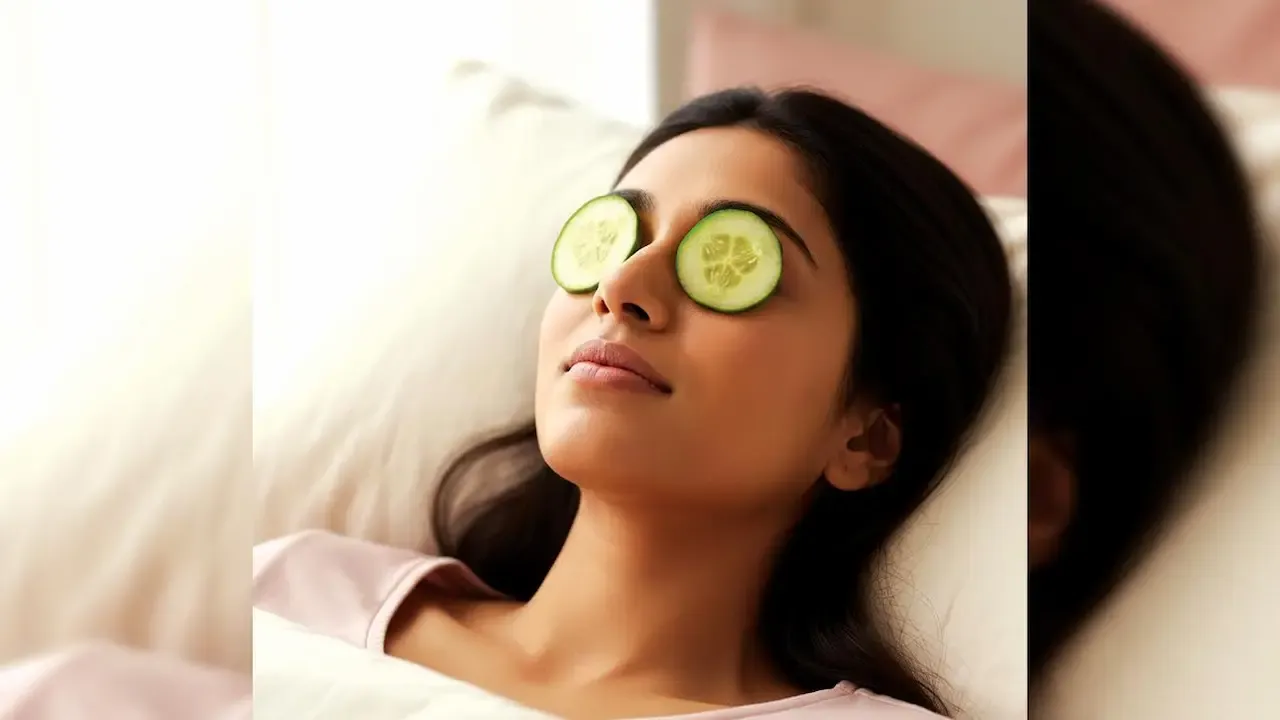 Woman relaxing with cucumber slices placed over her eyes during a skincare routine.