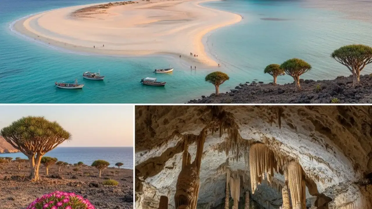 Socotra island beach, dragon blood trees and limestone cave.