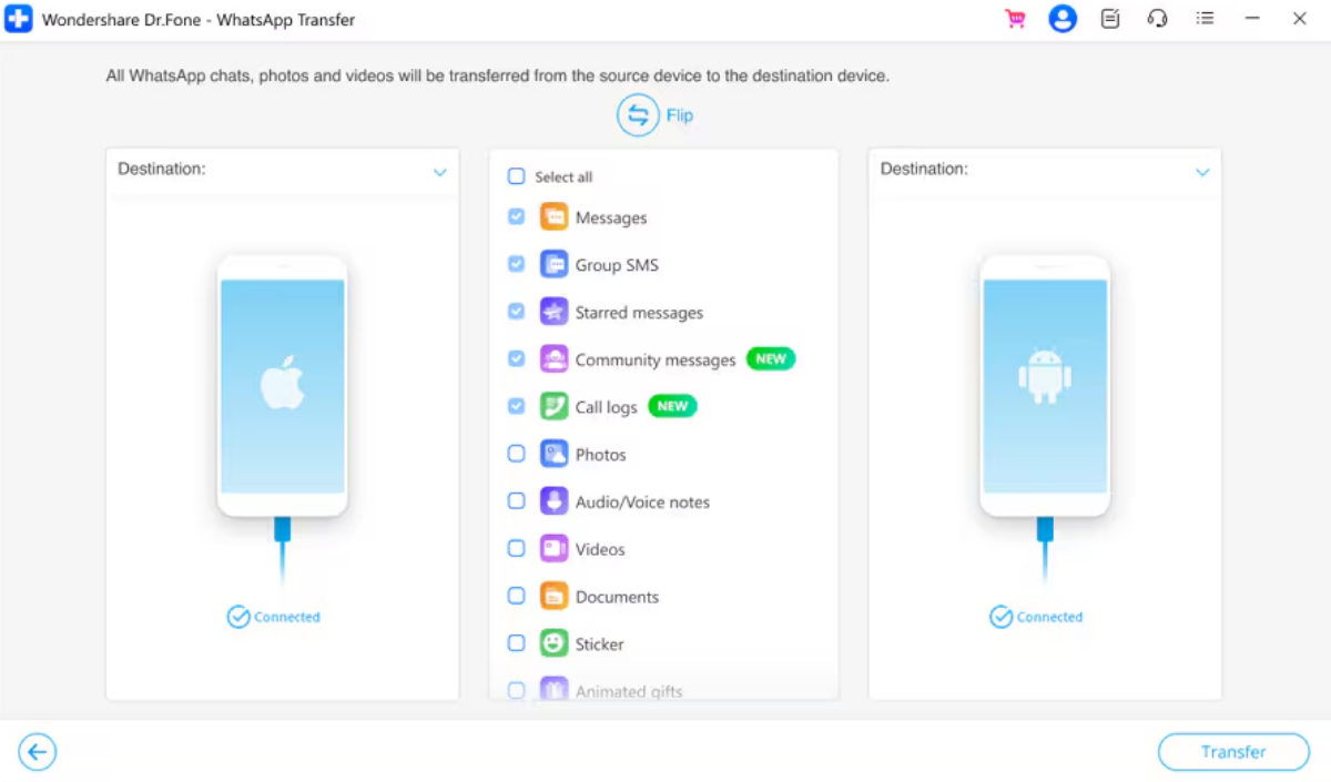 select whatsapp data to migrate
