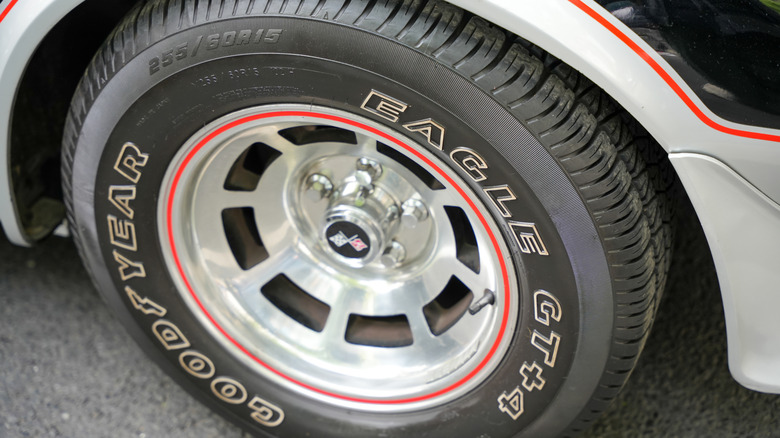 Close-up of a Goodyear Eagle tire on a classic rim