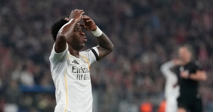 Vinicius reacts during the second leg of the Champions League quarterfinal between Bayern Munich and Real Madrid at the Allianz Arena in Munich, Germany, on April 15, 2026. Photo by Reuters