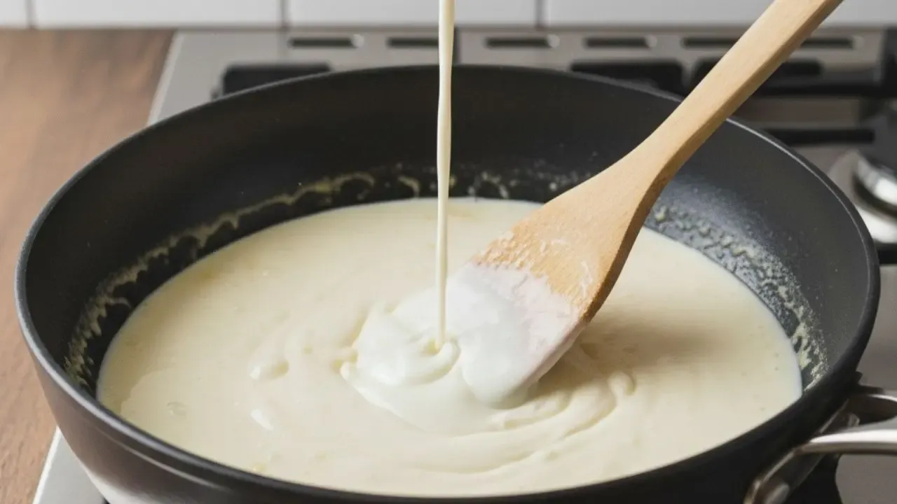 Gradually pour milk into the butter and flour mixture.
