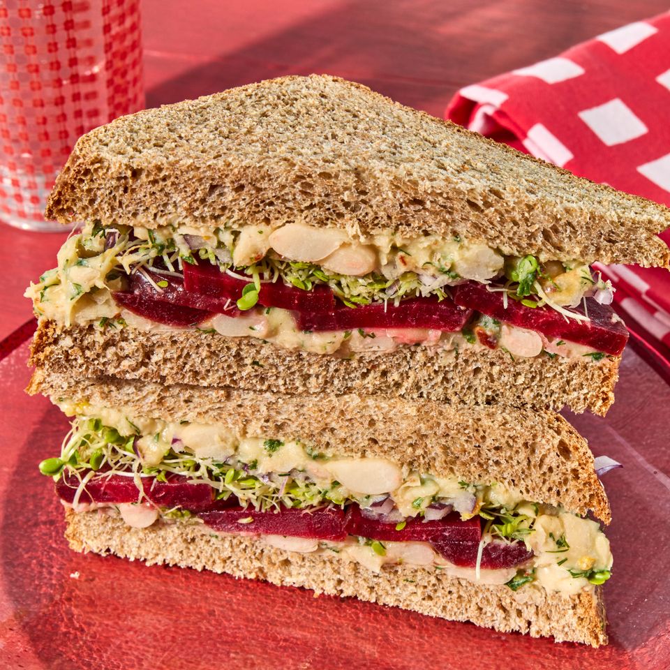 Recipe Image of Beet & White Bean Sandwiches Credit: Photographer: Jen Causey, Food Stylist: Julian Hensarling, Prop Stylist: Priscilla Montiel