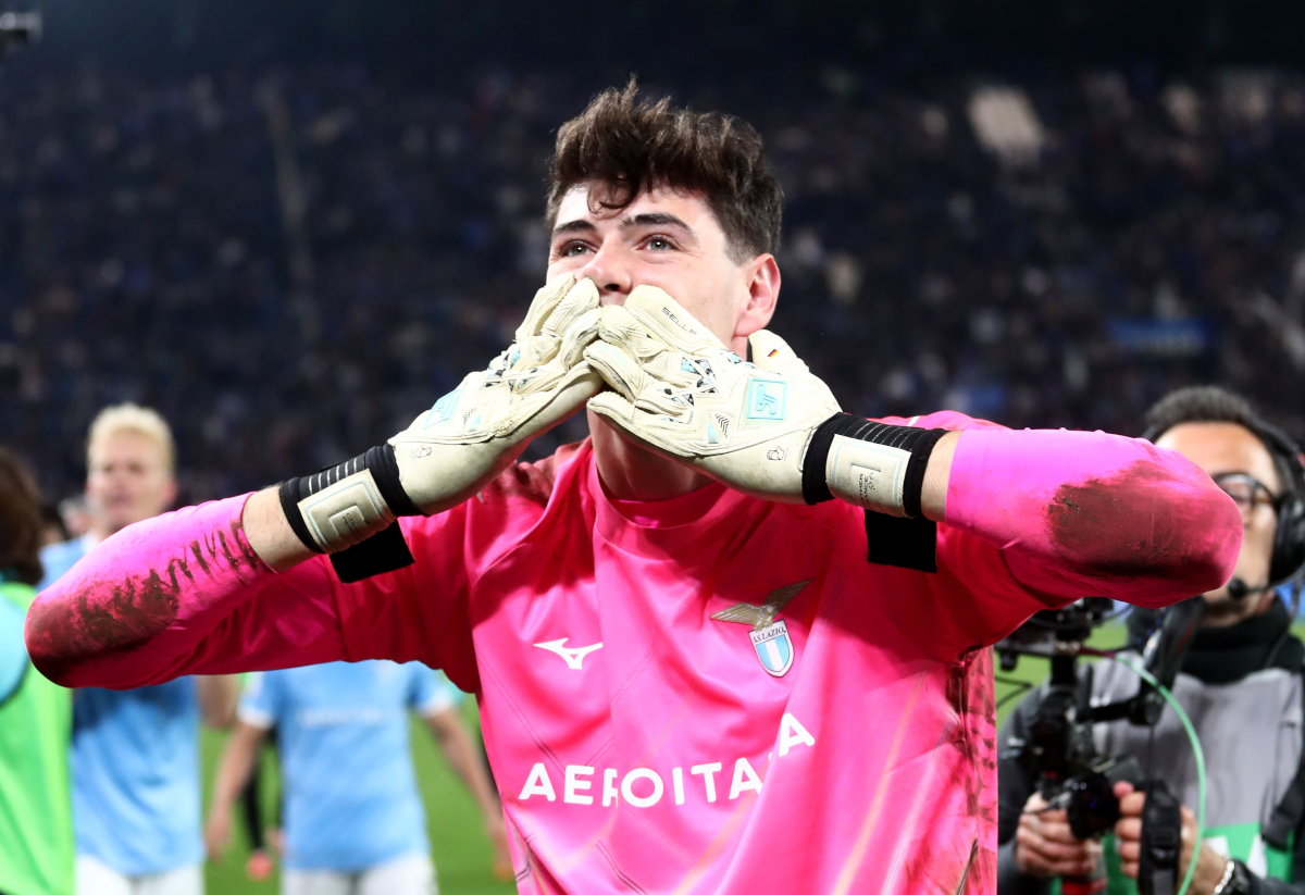BERGAMO, ITALY - APRIL 22: Edoardo Motta of Lazio celebrates after the team's victory in the penalty shoot out in the Coppa Italia semifinal match between Atalanta BC and SS Lazio at New Balance Arena on April 22, 2026 in Bergamo, Italy. (Photo by Marco Luzzani/Getty Images)
