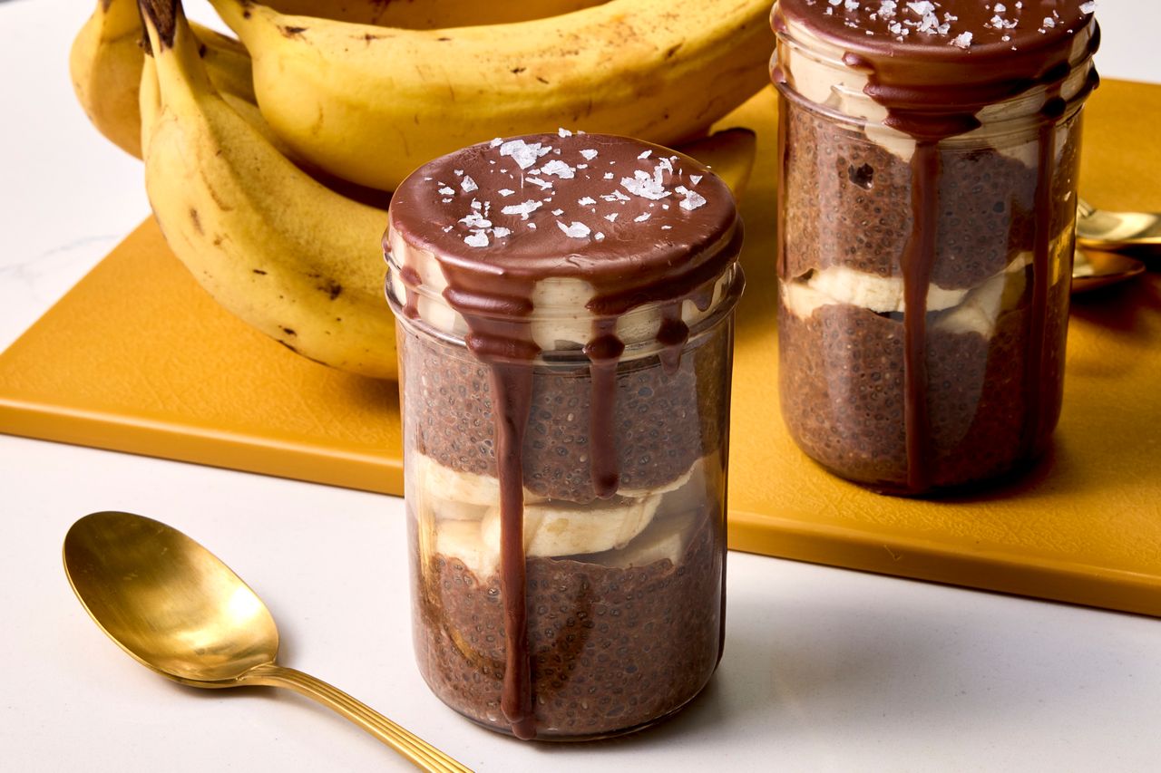 A recipe image of Chocolate-Banana-Peanut Butter Chia Pudding. Credit: Photographer: Robby Lozano, Food Stylist: Craig Ruff, Prop Stylist: Prissy Montiel.
