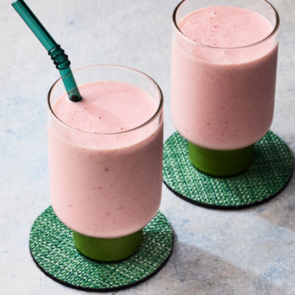 Recipe image of No-Sugar-Added High-Protein Strawberry Shake. Credit: Photographer: Greg Dupree, Food Stylist: Chelsea Zimmer, Prop Stylist: Christina Daley.