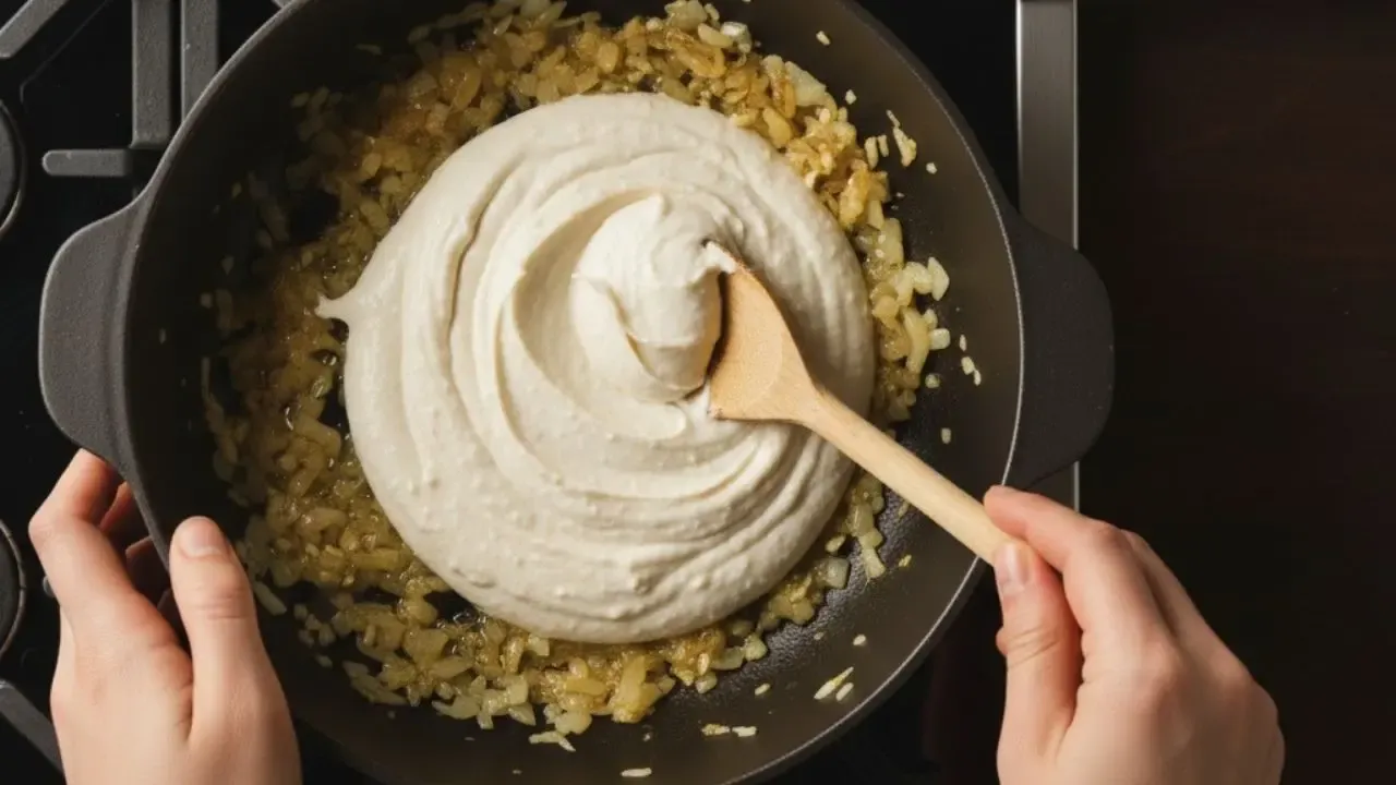 adding almond paste to the pan