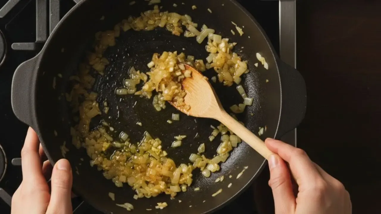 sautéing onion garlic in pan