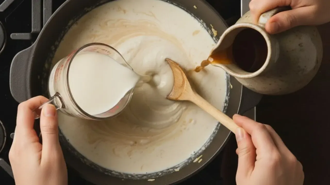 Making a creamy sauce by mixing milk and syrup