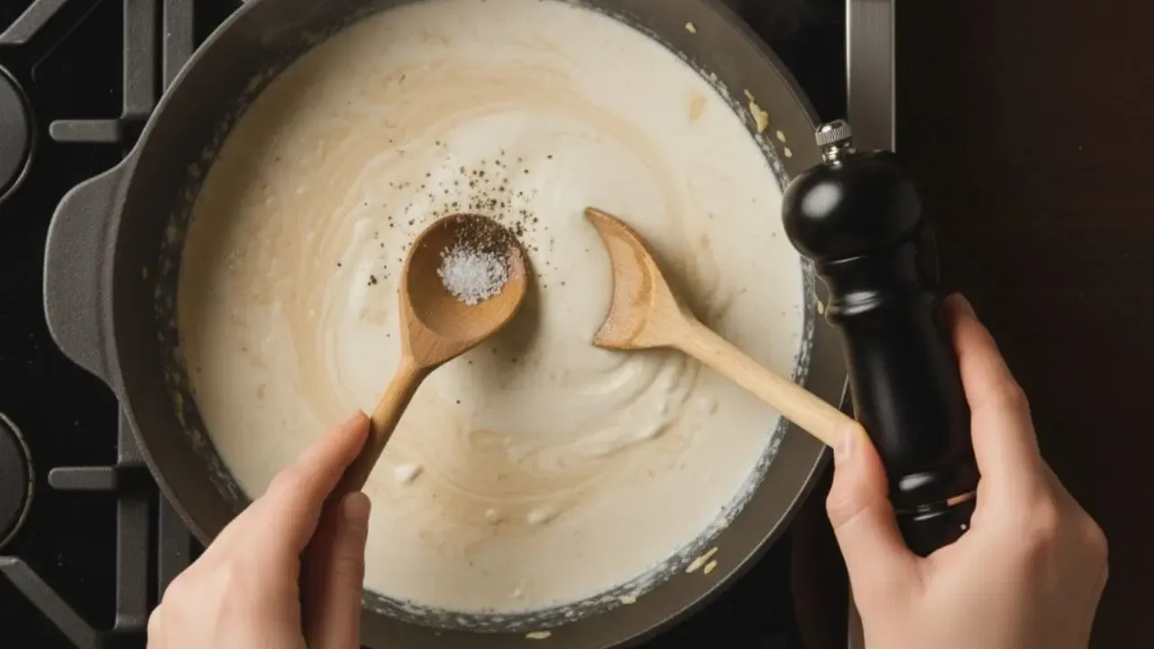 adding salt and pepper to creamy sauce