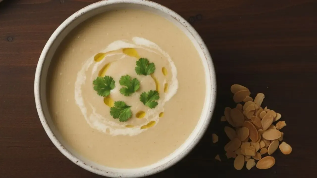 Coriander and cream garnish in reamy soup bowl