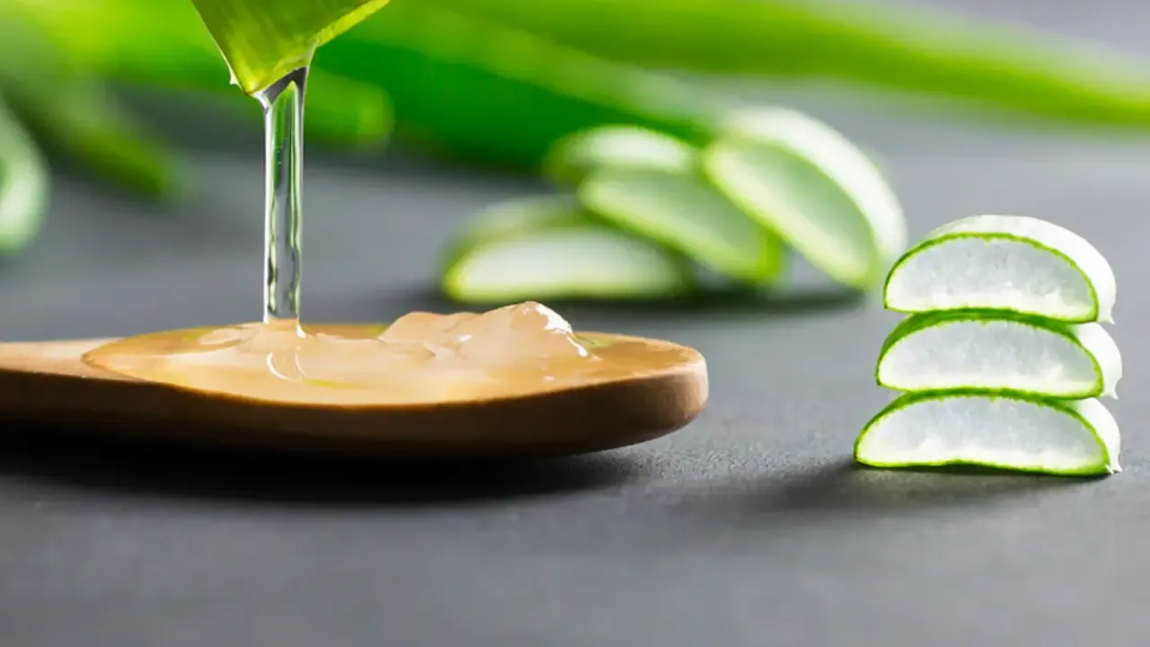 Close-up of fresh aloe vera gel being poured from a leaf onto a wooden spoon, with stacked aloe vera slices in the background on a dark surface.