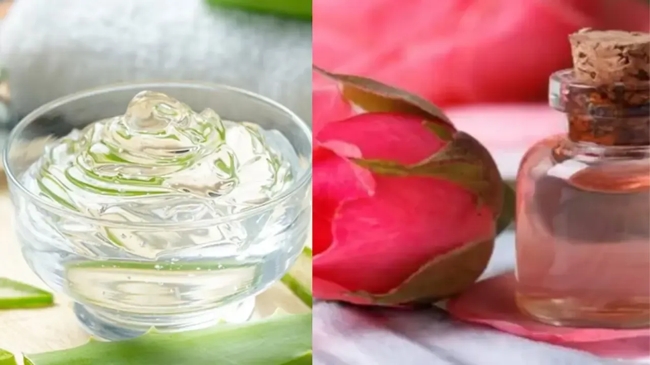 A split image showing a bowl of clear aloe vera gel on the left and a small glass bottle of rose oil with a pink rose on the right, representing natural skincare ingredients.