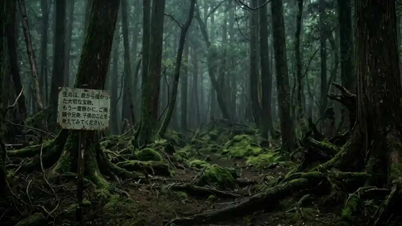 In this photo the picture of Aokigahara Forest is shown which is also called suicide forest.