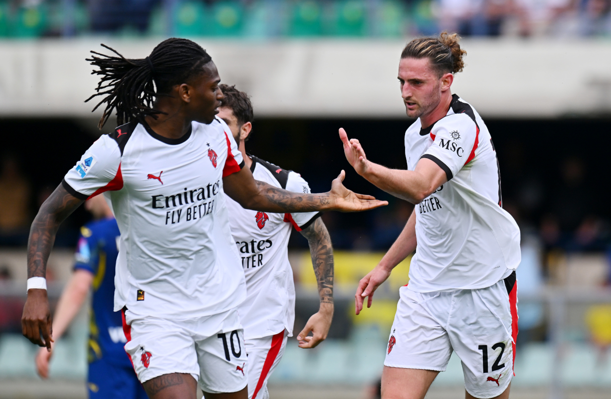 VERONA, ITALY - Adrien Rabiot of AC Milan celebrates scoring his team's first goal during the Serie A match between Verona FC and AC Milan at the Stadio Marcantonio Bentegodi on April 19, 2026 in Verona, Italy. (Photo by Alessandro Sabattini/Getty Images)