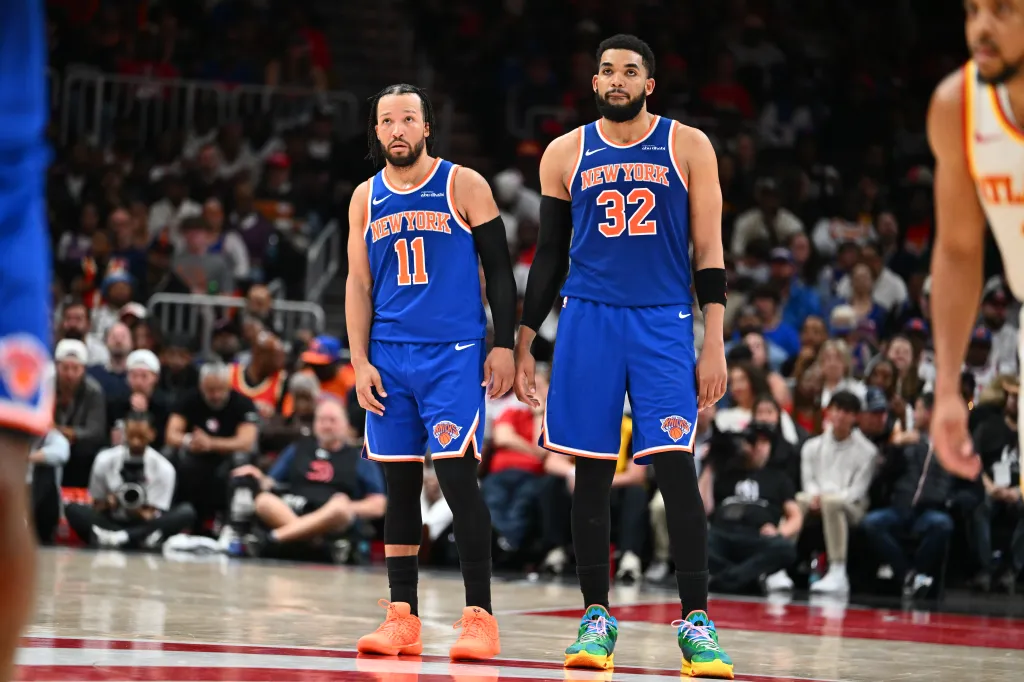 Jalen Brunson (11) and Karl-Anthony Towns (32) of the New York Knicks looks on during the game against the Atlanta Hawks during Round 1 Game 4 of the 2026 NBA Playoffs on April 25, 2026. 