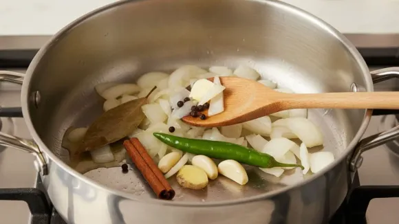 Sautéing aromatic whole spices including cinnamon, bay leaf, green chili, and garlic with chopped onions in a steel pan.