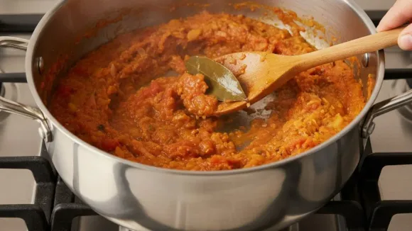 Thick orange curry paste simmering in a metal pan with a wooden spoon lifting a green bay leaf.
