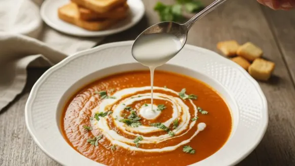 Pouring fresh white cream from a spoon into a bowl of thick orange tomato soup with green cilantro.