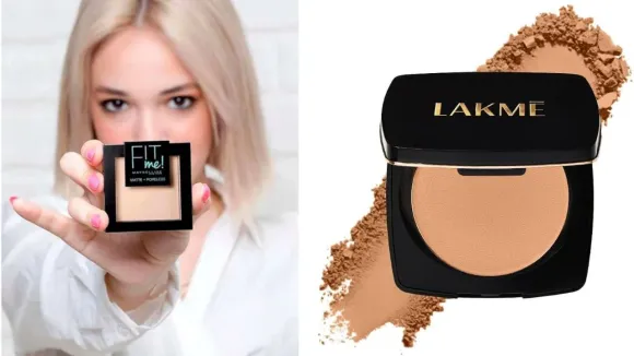 Maybelline Fit Me compact powder and Lakme face powder displayed with a woman holding a small makeup palette.