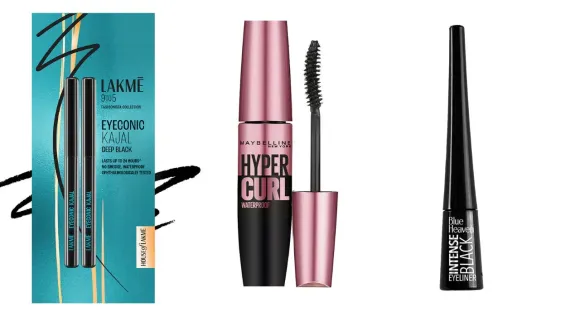 Collection of eye makeup essentials including Lakme Eyeconic Kajal, Maybelline Hyper Curl Mascara, and Blue Heaven liquid eyeliner.