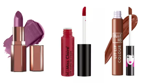 Three different shades of lipsticks from Miss Claire and Elle 18 brands featuring purple, red, and brown colors.