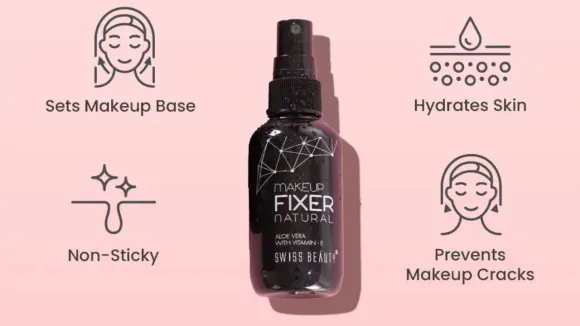 Swiss Beauty natural makeup fixer spray bottle with icons showing benefits like hydration and preventing makeup cracks.