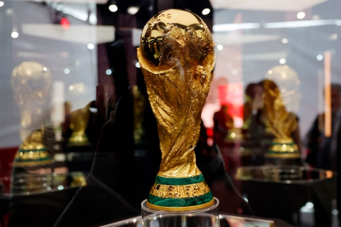 The FIFA World Cup trophy on display in Monterrey, Mexico on March 14, 2026. Photo by Reuters