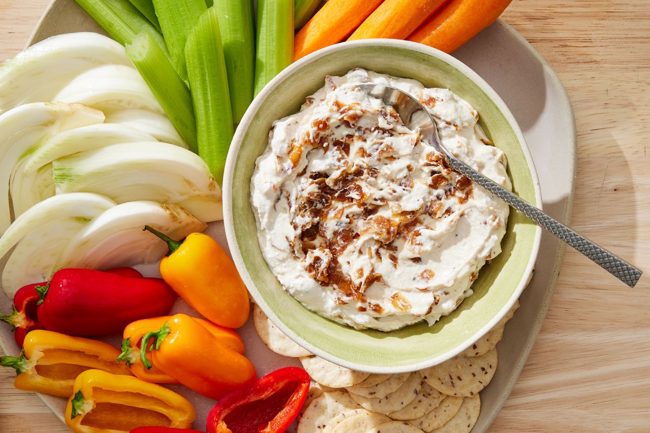 a recipe photo of the Whipped French Onion Dip Credit: Photographer: Rachel Marek, Food stylist: Holly Dreesman, Prop stylist: Gabriel Greco