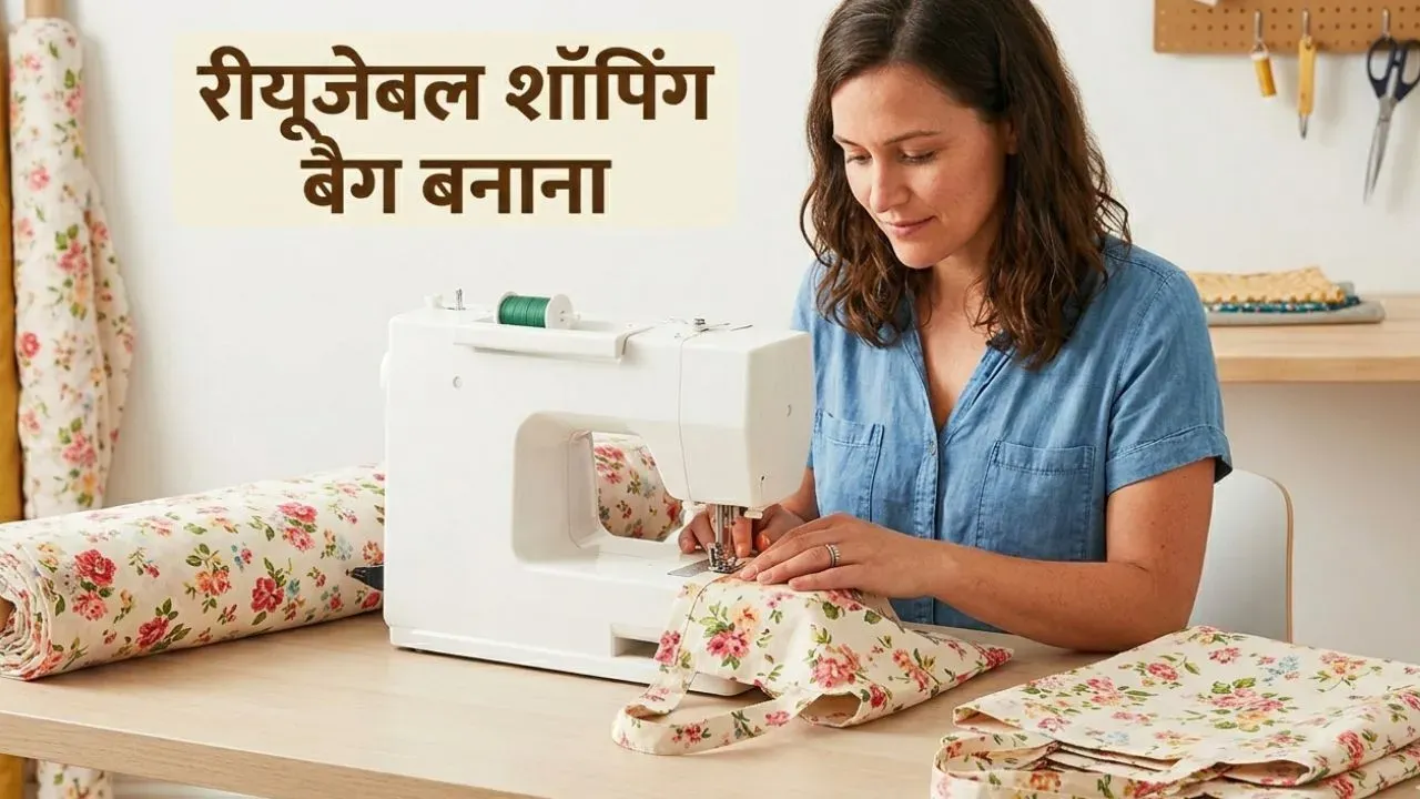 A woman using a white sewing machine to create a floral pattern reusable shopping bag at her desk.