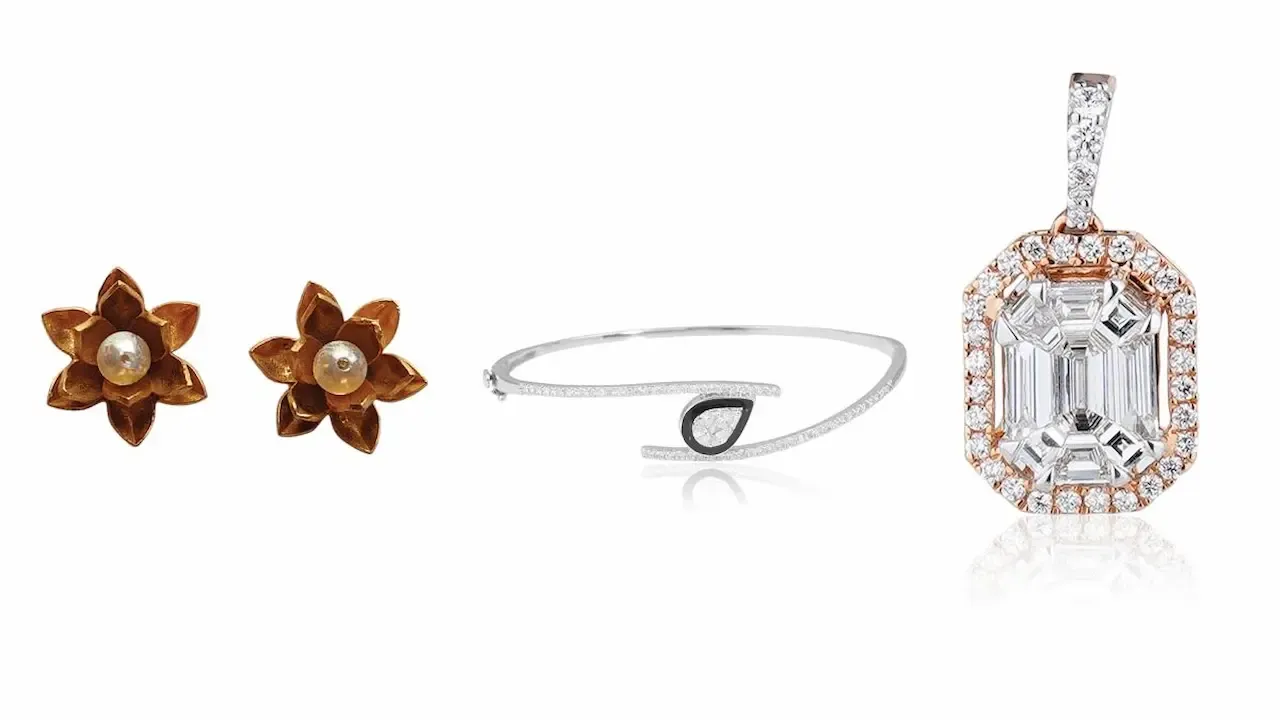 A selection of jewelry displayed on a plain background, including a pair of floral-shaped gold earrings with pearl centers, a sleek diamond-studded bracelet with a curved design, and a large rectangular pendant with layered diamonds set in a rose-gold frame.