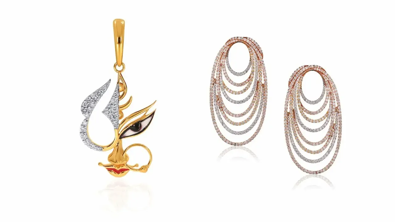 A display of jewelry pieces on a plain background, featuring a gold and diamond pendant with an abstract, artistic design on the left, and a pair of layered, oval-shaped diamond-studded earrings on the right.
