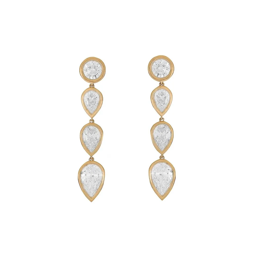 Pair of 18k yellow gold round and pear-shaped diamond drop earrings.