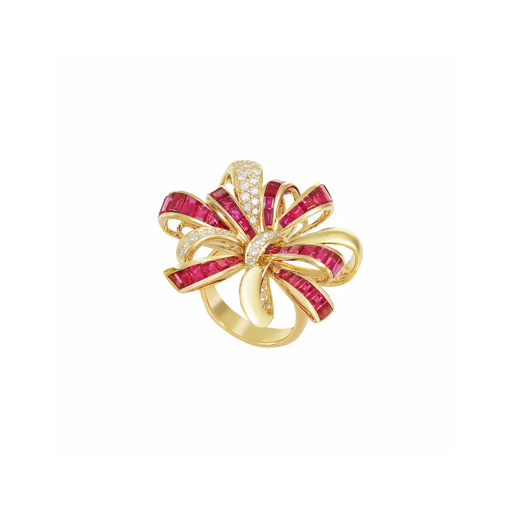 18k gold bow ring with rubies and diamonds.