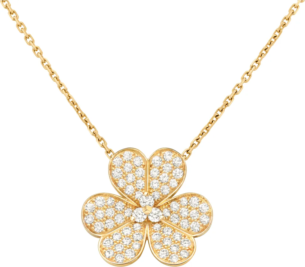 Gold necklace with a flower-shaped pendant, adorned with numerous small diamonds.